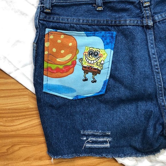 UpCycled Cartoon Pocket Cut Offs Spongebob Square Pants 90's Fabric - Picture 3 of 5